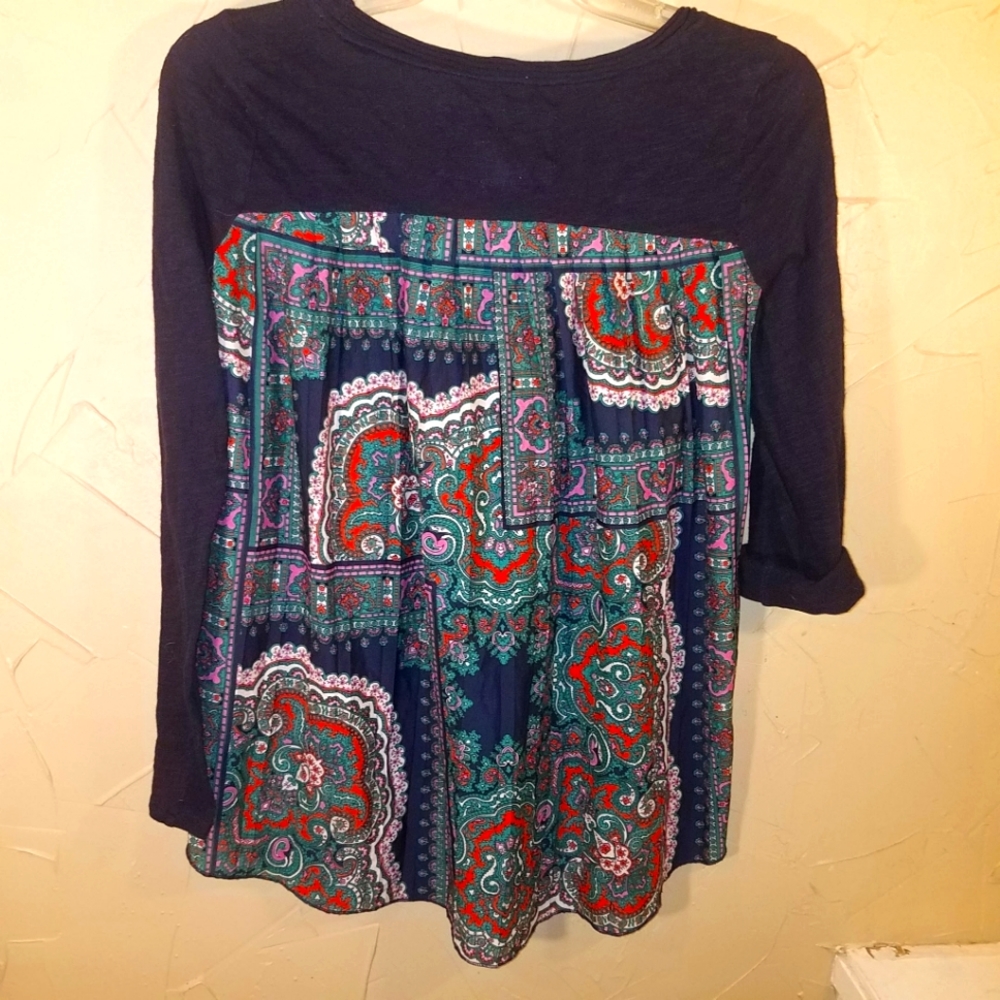 Anthropologie Navy Blue Paisley Flowy Long Sleeve Hi Lo Top Shirt Blouse Tunic - Picture 5 of 14